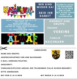 Flyer zur Anmeldung von Gruppen zum Kirchberger Karnevalszug 2024